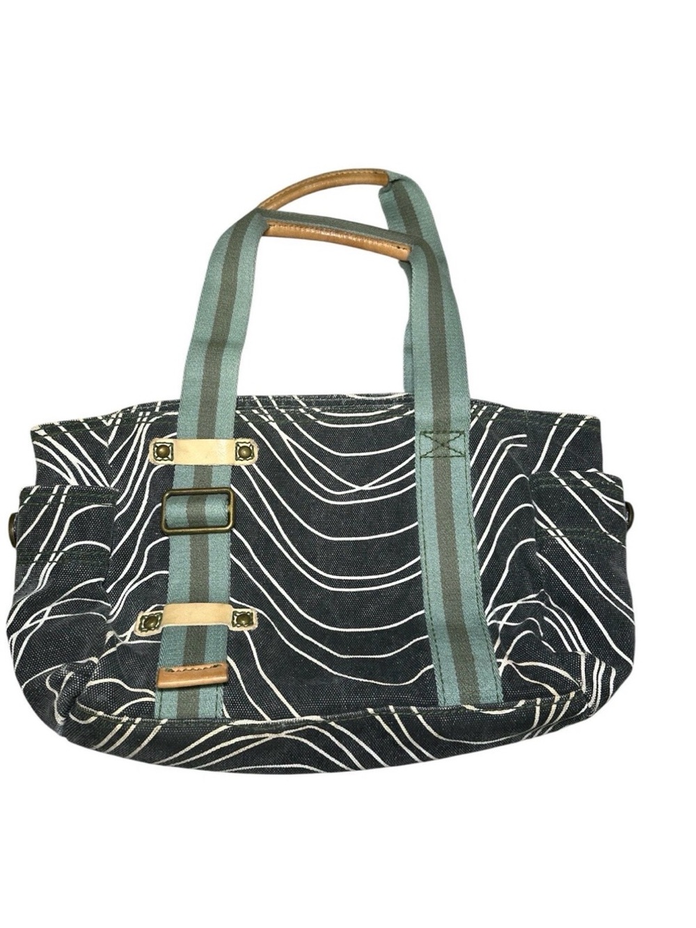 Striped Handle Black Canvas Tote with Teal Accents